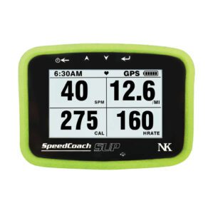 Green NK SpeedCoach SUP displaying speed, distance, and calories. Available at Riverbound Sports.