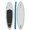 SIC Maui 10.6 flow inflatable sup in white with blue trim and black pad.