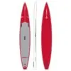 SIC Maui 12'6" inflatable performance race paddle board. Red with grey deck pad. Top, side, and bottom view.