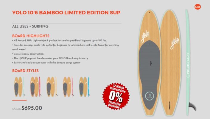 Yolo Bamboo SUP Small Business Saturday Sale image with 0% financing.