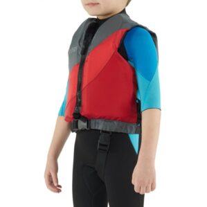 NRS Crew Child life jacket in red and gray front view on child.