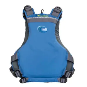 Blue MTI Trident life jacket back view. Available at Riverbound Sports.