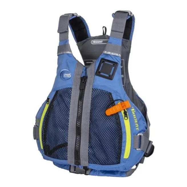 Blue MTI Trident life jacket with mesh pockets. On Sale at Riverbound Sports.