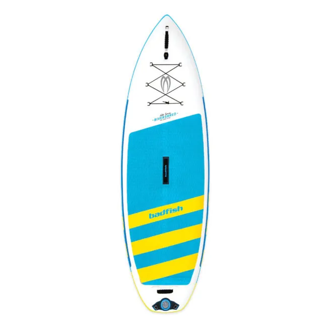 Blue and yellow Badfish Rivershred whitewater stand-up paddleboard at Riverbound Sports