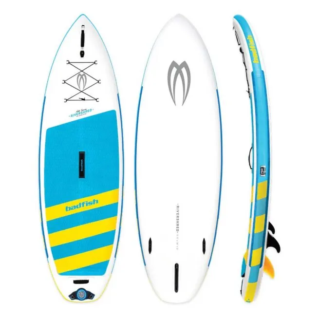 Split view of the blue and yellow Badfish Rivershred whitewater stand-up paddleboard at Riverbound Sports