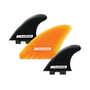 Three Badfish SUP fins, one orange, two black at Riverbound Sports