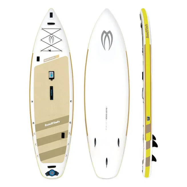 Three views of the new 2025 Badfish SUP Badfisher at Riverbound Sports.