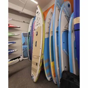 2025 Badfisher from Badfish SUP in tan and fellow colors in the Riverbound Sports showroom.