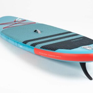 The Fanatic SUP Fly Air Inflatable Paddleboard in teal blue front deck side tail image.