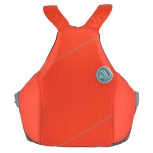 Astral YTV life jacket in hot coral with yellow liner and trim back view. Available at Riverbound Sports in Tempe, Arizona.