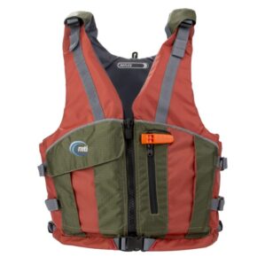 The MTI Reflex life jacket in copper with dark green trim front view.