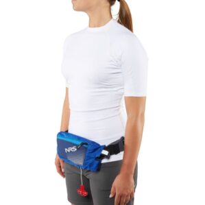 NRS Zephyr waist PFD in blue being worn .