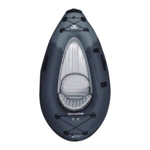 Top view of the new Aquaglide UltraLight Backwoods Purist Inflatable Kayak. Teardrop shape with bungee at the nose and tail with inflatable seat.