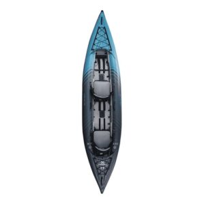 Newly redesigned Aquaglide Chelan 140 view looking down on the top of the kayak. The new dark aqua and grey color.