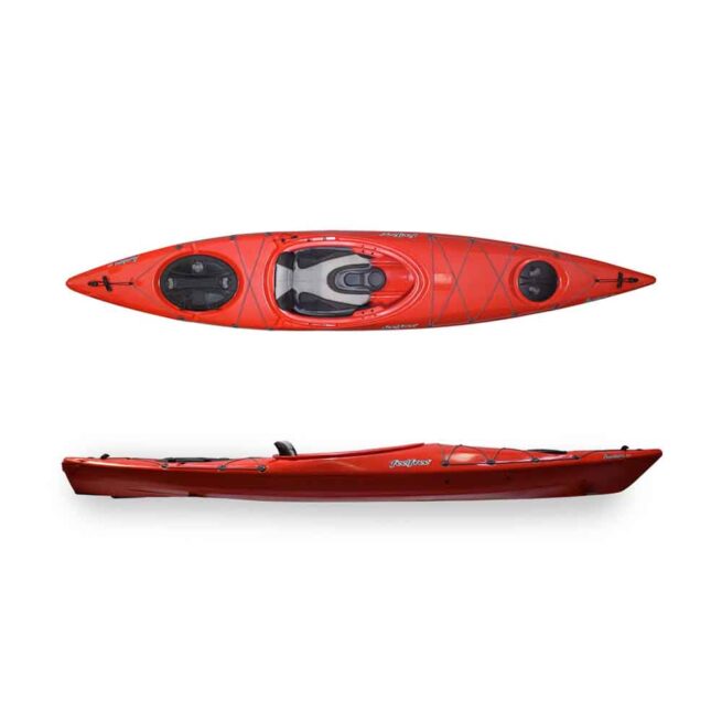 Feelfree Aventura 12'6" touring kayak in red top and side image.