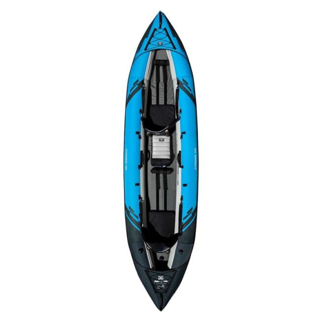 Aquaglide Chinook 120 inflatable kayak deck view in blue.