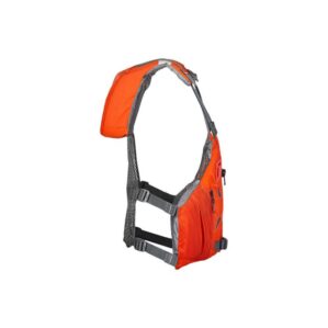 The Astral EV-Eight all water life jacket angle in fire orange. Available at Riverbound Sports in Tempe, Arizona.