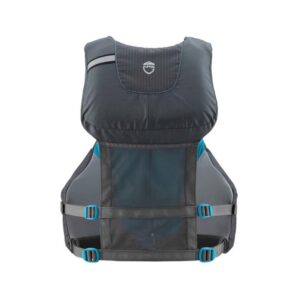 NRS Women's Shenook fishing life jacket back in Charcoal and Teal color. Available at Riverbound Sports in Tempe, Arizona.