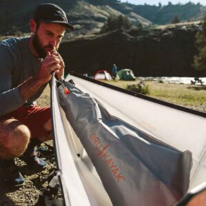 Oru kayak float bags being inflated. Available at Riverbound Sports in Tempe, Arizona.