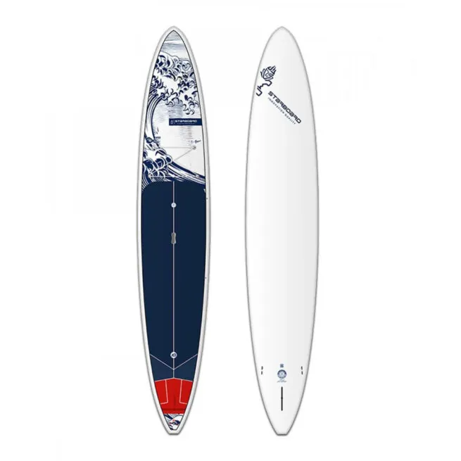 Starboard Generation 12'6" x 28" paddleboard, one with intricate blue wave design at Riverbound Sports.