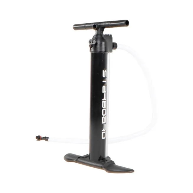 Black manual bicycle pump with flexible hose.