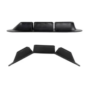 Black plastic car spoiler, front and side views