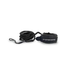 Starboard black paddleboard leash on white background.