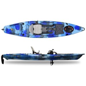 Feelfree Lure 13.5 wit pedal drive fishing kayak in ocean camo color side and top view. Riverbound Sports in Tempe, Arizona Feelfree Kayak dealer.