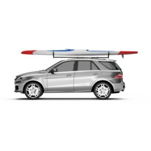 Kayakpro kayak EZ-Vee rack with oc-1 mounted on the car. Available at Riverbound Sports in Tempe, Arizona.