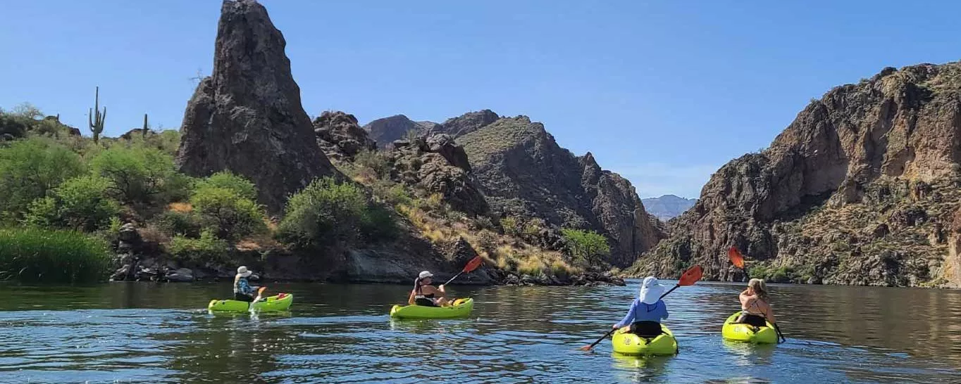 Riverbound Sports Sup Connect Shop of the Year nomination for 2022. Kayakers on Saguaro Lake, Mesa Arizona.