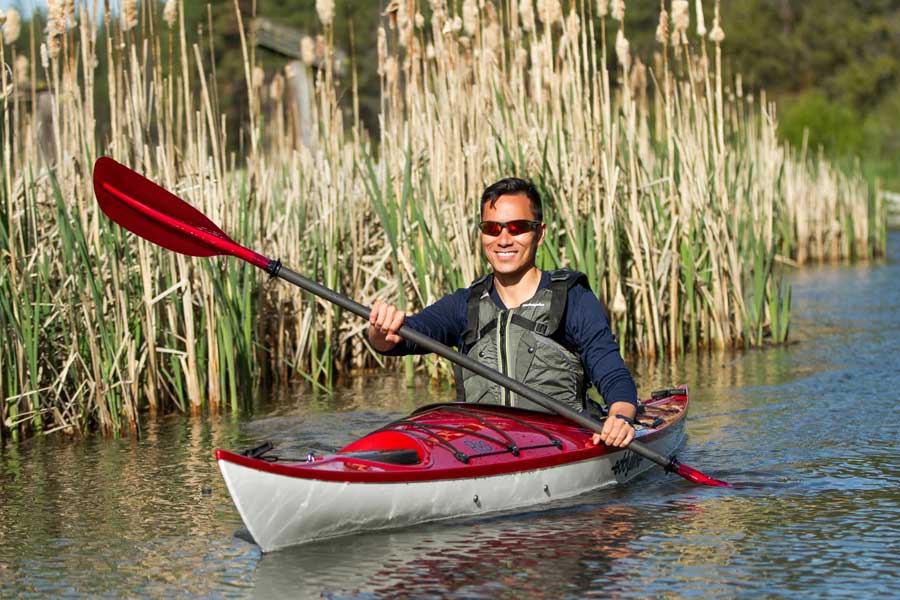 Eddyline Rio Kayak in red. Available at Riverbound Sports in Tempe, Arizona.