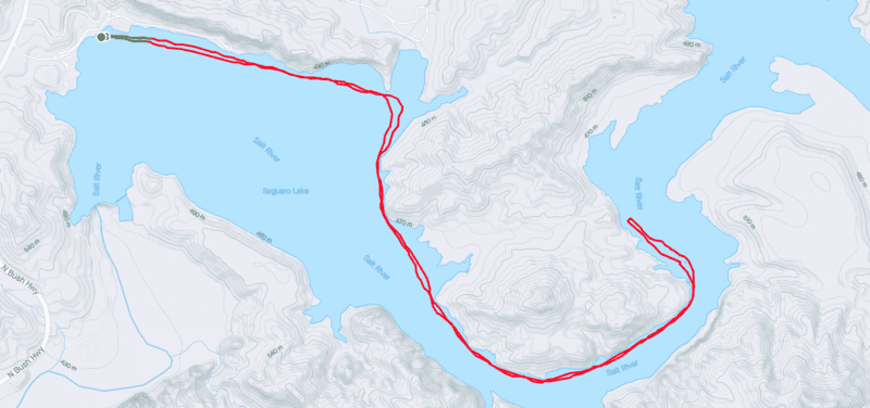 Map for Saguaro Lake hot lap on Sunday mornings from Ramp 1 to Shiprock and back. Riverbound Sports Paddle Company, Tempe, Arizona.