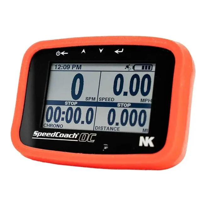 Red SpeedCoach OC sports monitor displaying zeros. Available at Riverbound Sports.