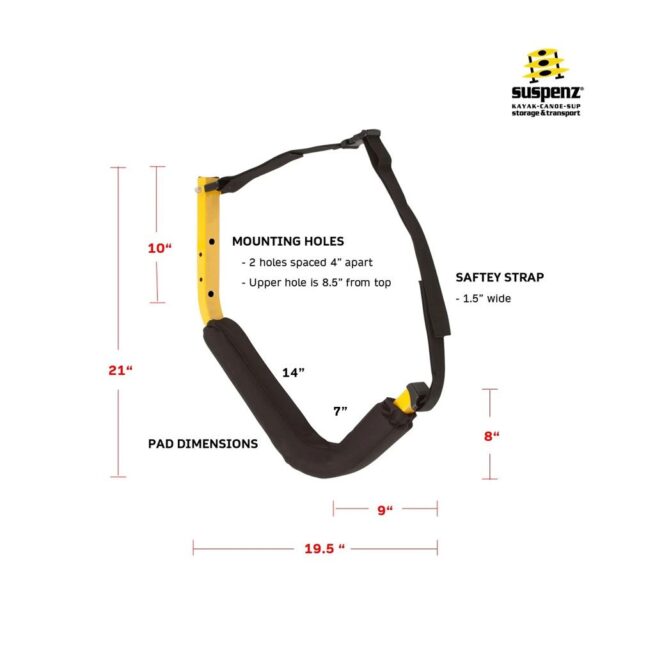 Suspenz EZ Rack Kayak & Canoe storage specs. Available at Riverbound Sports in Tempe, Arizona.