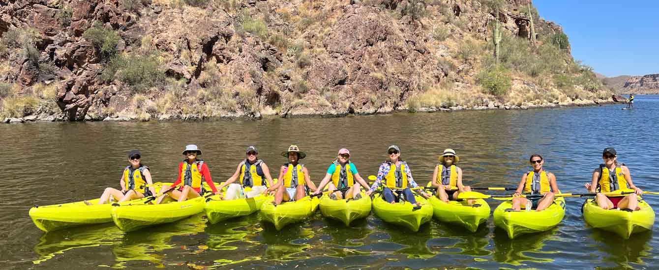 A Bachelorette party enjoying a Kayaking Tour at Saguaro Lake just outside Scottsdale and Mesa, Arizona. Come join Riverbound on one of our Phoenix area tours.