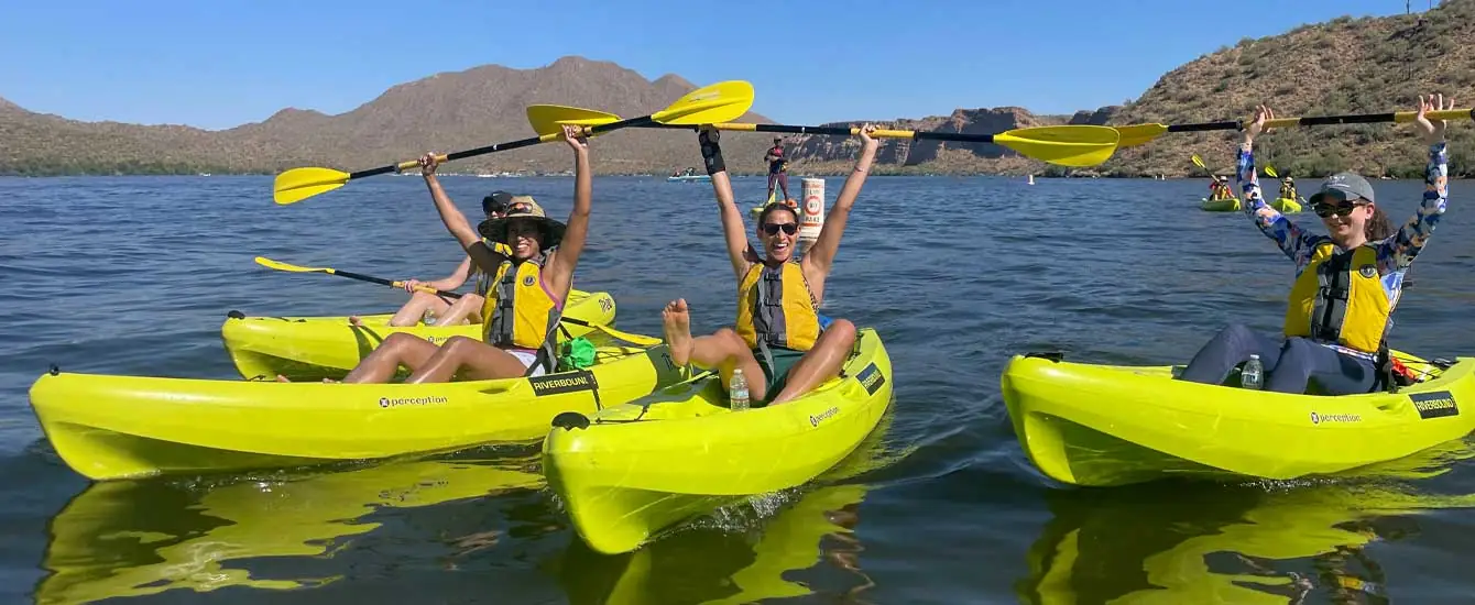 A Bachelorette party enjoying a Kayaking Tour at Saguaro Lake just outside Scottsdale and Mesa, Arizona. Come join Riverbound on one of our Phoenix area tours.