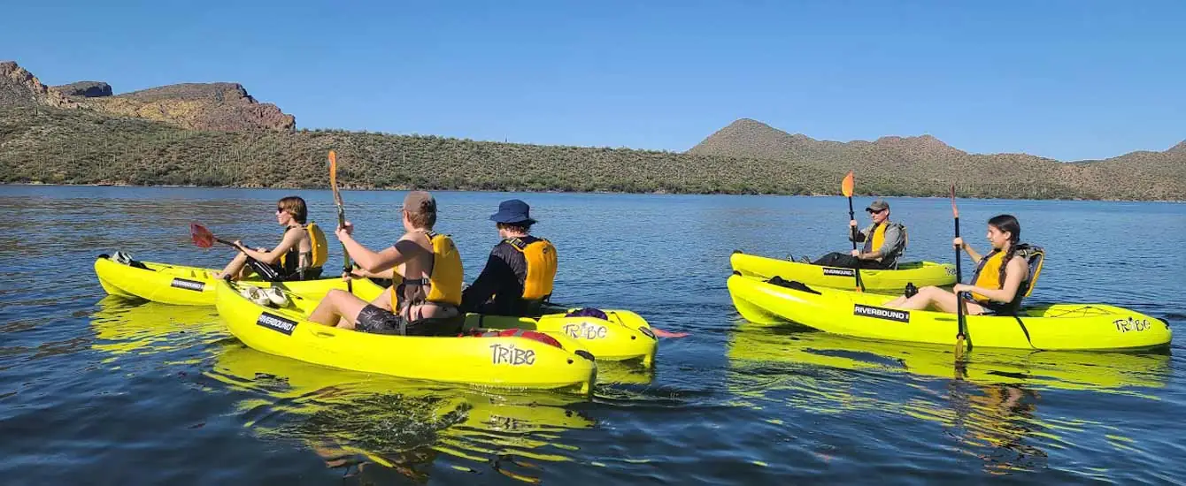 Saguaro Lake group on a Riverbound Sports Kayaking Tour during the Summer.