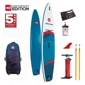 Red paddle board Sport 12'6" x 30" Anniversary model with accessories and 5-year warranty. Available at Riverbound Sports in Tempe, Arizona.