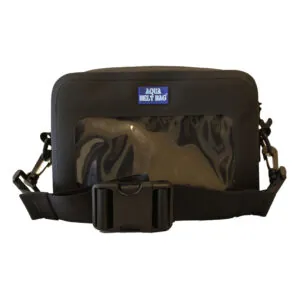 Black waterproof belt bag with transparent window and strap.