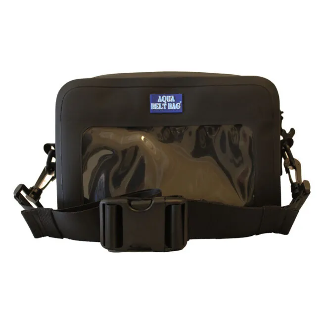 Black waterproof belt bag with transparent window and strap.