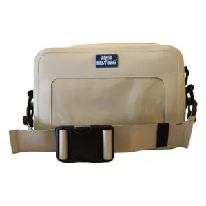 Beige Aqua Belt Bag with clear front and adjustable strap.