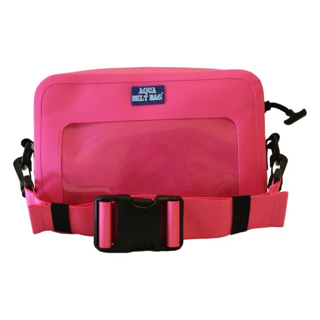 Pink Aqua Belt Bag with transparent window and straps.