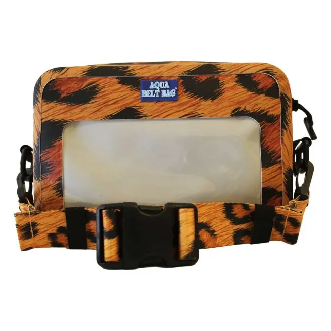 Tiger print waterproof aqua belt bag with clear window.