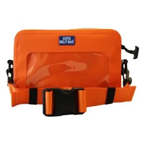 Orange waterproof belt bag isolated on white background.