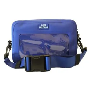 Blue waterproof belt bag with clear front panel.