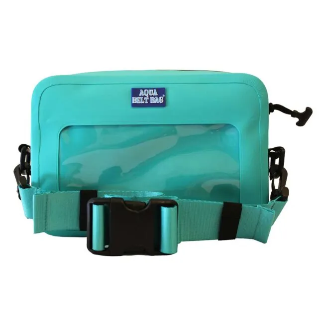 Turquoise waterproof belt bag with clear front panel.