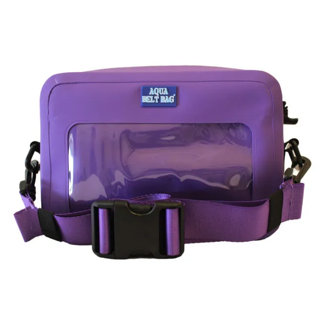 Purple waterproof belt bag with clear window.