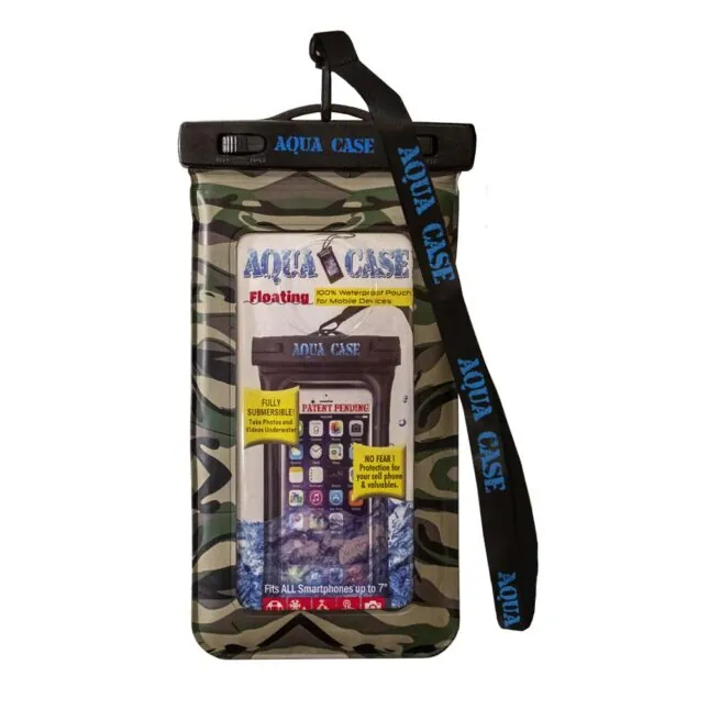 Camo waterproof smartphone pouch hanging against white background.