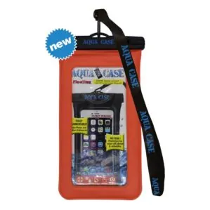 New waterproof orange smartphone case hanging with strap.