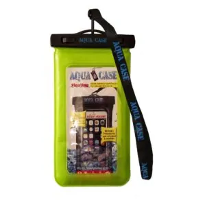 Bright green waterproof smartphone pouch with strap.